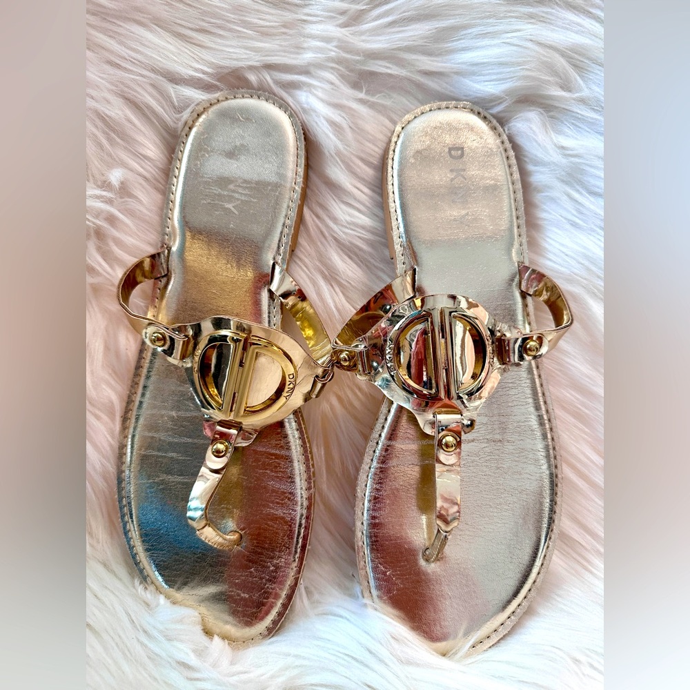 DKNY GOLD TONE SANDALS!!!  Size 10 EMBLEM top with such a great look!!